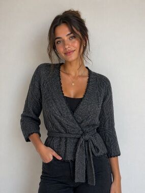 Guinevere AnthropologieTextured Belted Sweater Cardigan Gray Black Size M